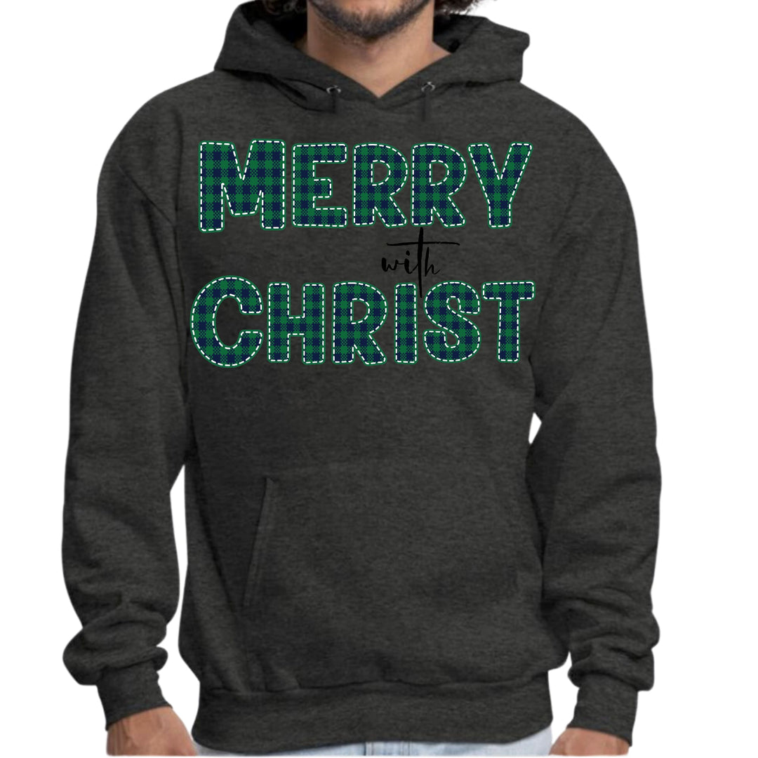 Mens Graphic Hoodie Merry with Christ Green Plaid Christmas Holiday - Unisex