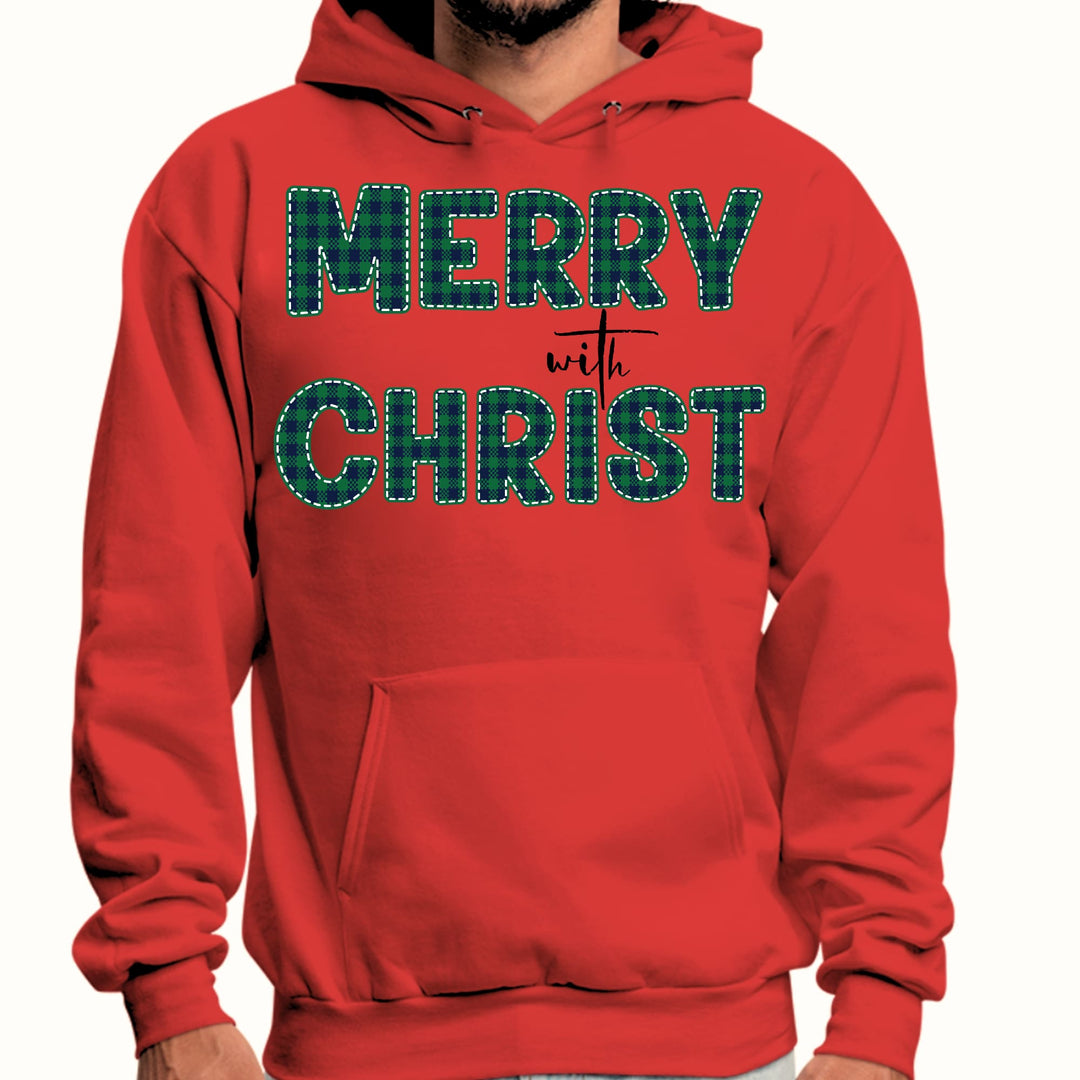 Mens Graphic Hoodie Merry with Christ Green Plaid Christmas Holiday - Unisex