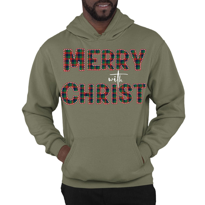 Mens Graphic Hoodie Merry with Christ Red and Green Plaid Christmas - Unisex