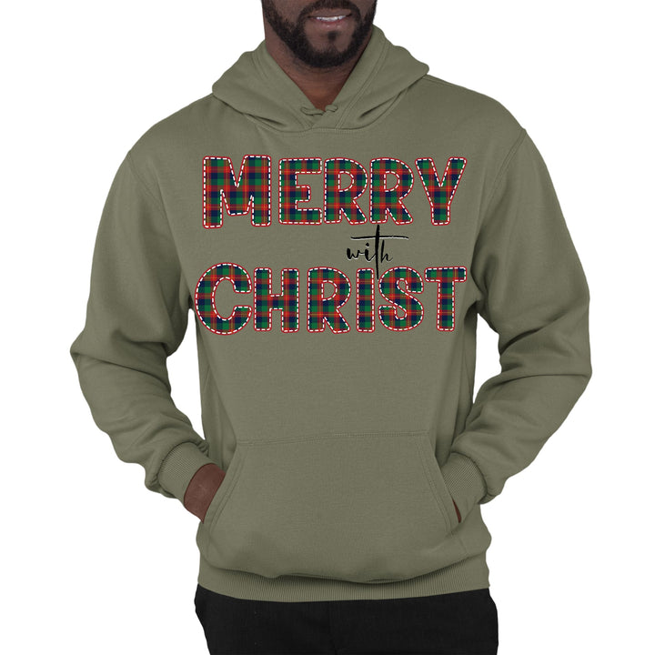 Mens Graphic Hoodie Merry with Christ Red and Green Plaid Christmas - Unisex