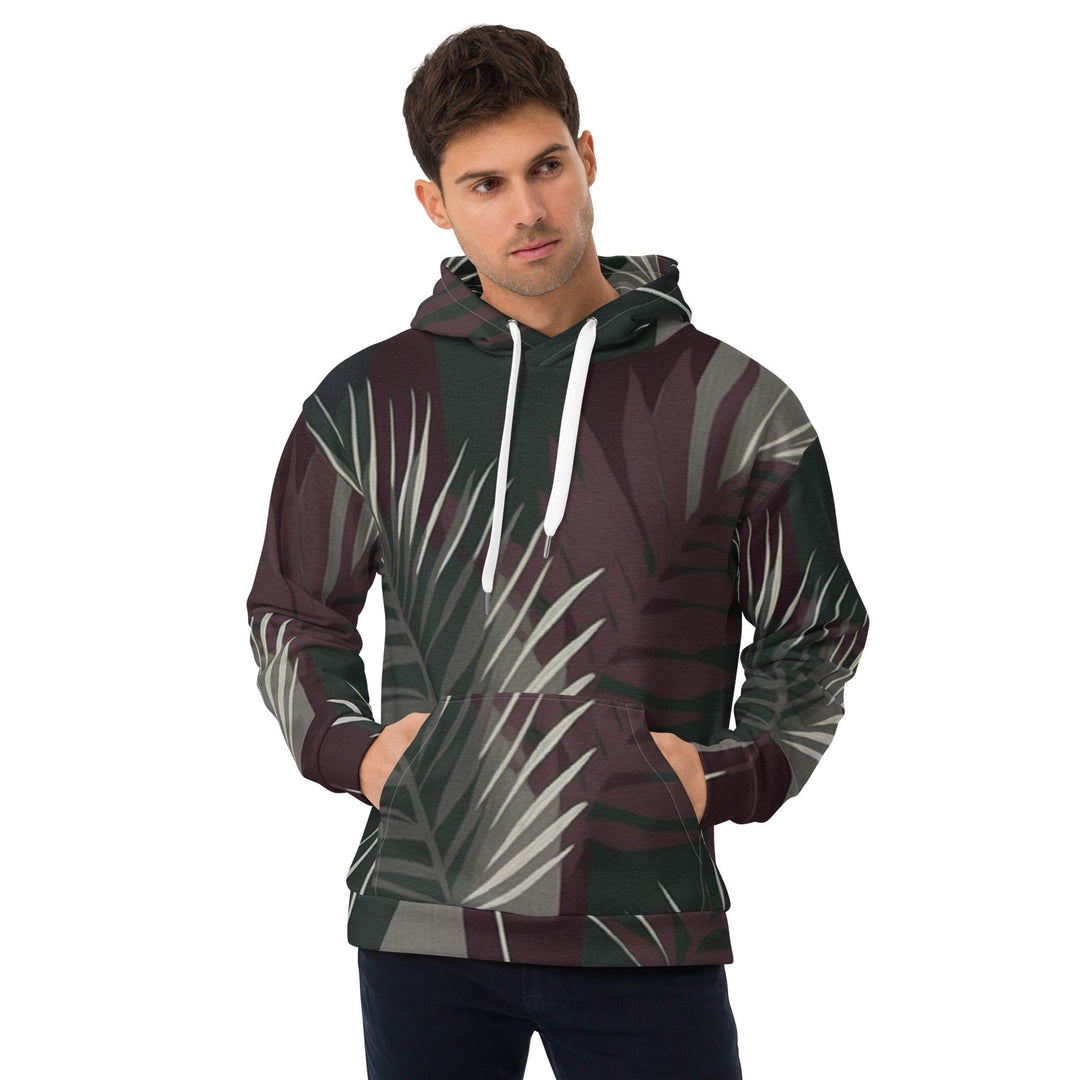 Mens Graphic Hoodie Palm Tree Leaves Maroon Green Background