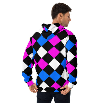 Mens Graphic Hoodie Pink Blue Checkered Pattern - Mens | Hoodies | AOP