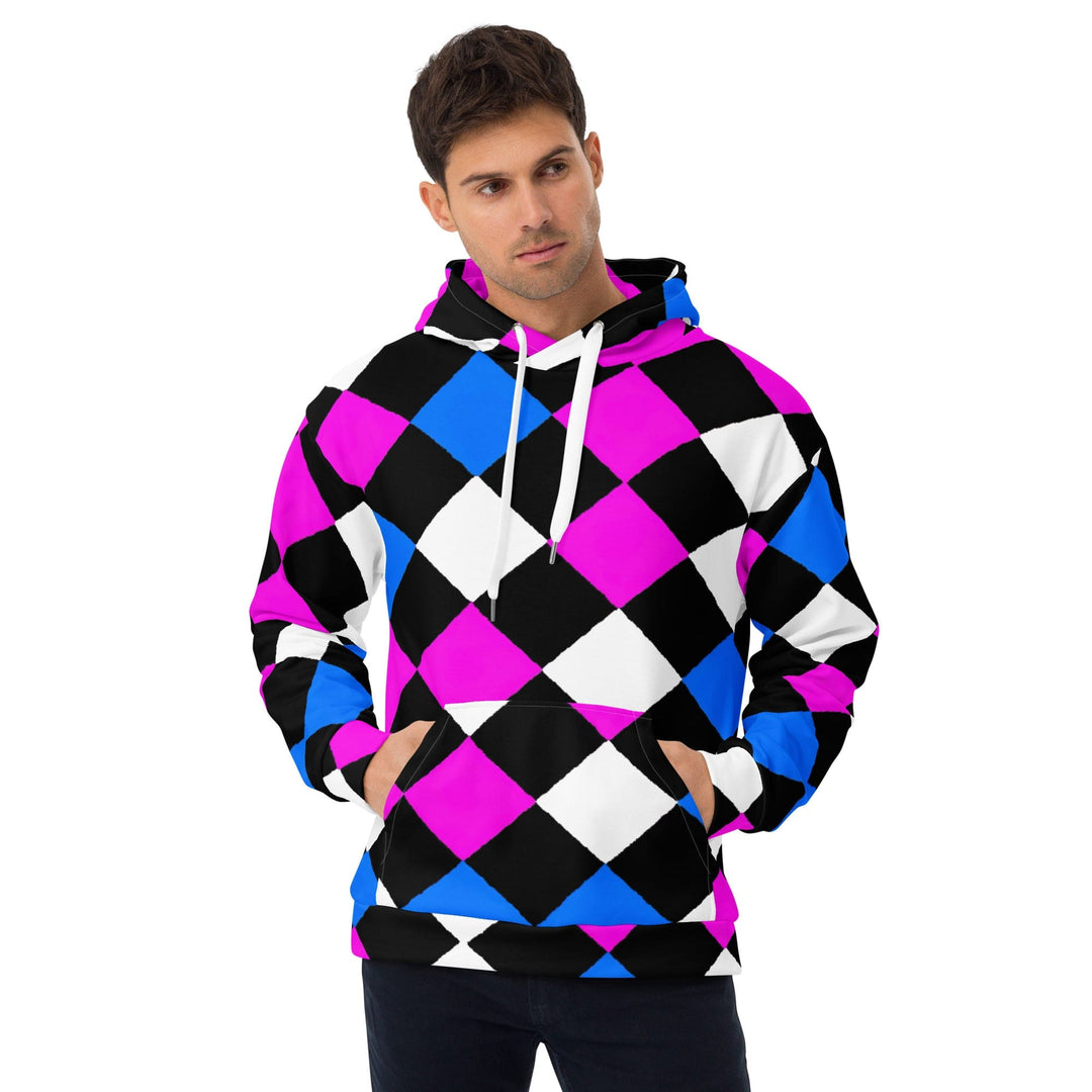 Mens Graphic Hoodie Pink Blue Checkered Pattern - Mens | Hoodies | AOP