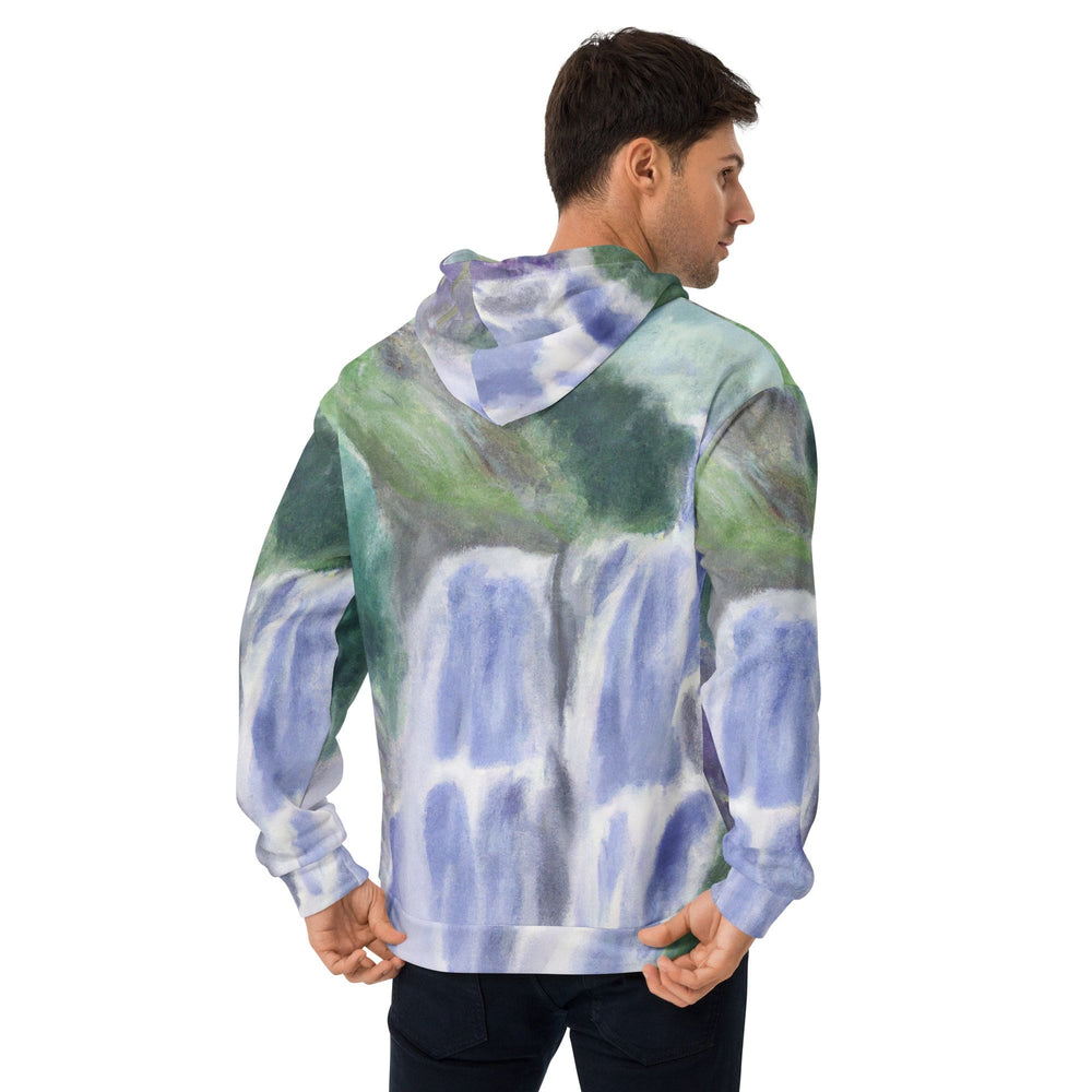 Mens Graphic Hoodie Purple Watercolor Waterfall Green Landscape