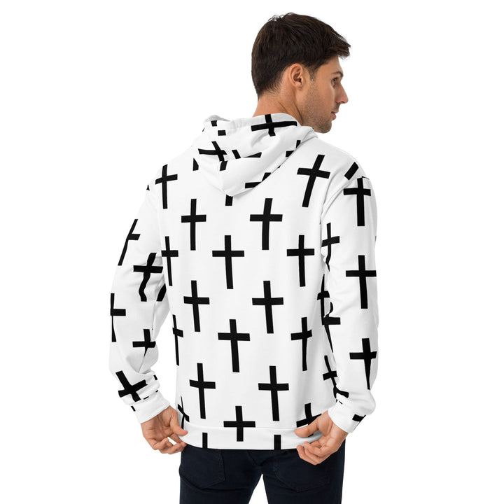 Mens Graphic Hoodie White Black Cross Print - Mens | Hoodies | AOP