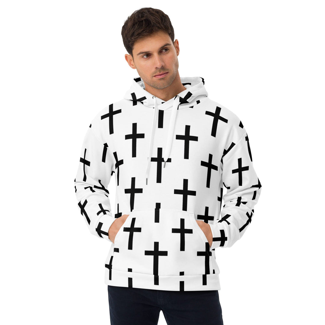 Mens Graphic Hoodie White Black Cross Print - Mens | Hoodies | AOP