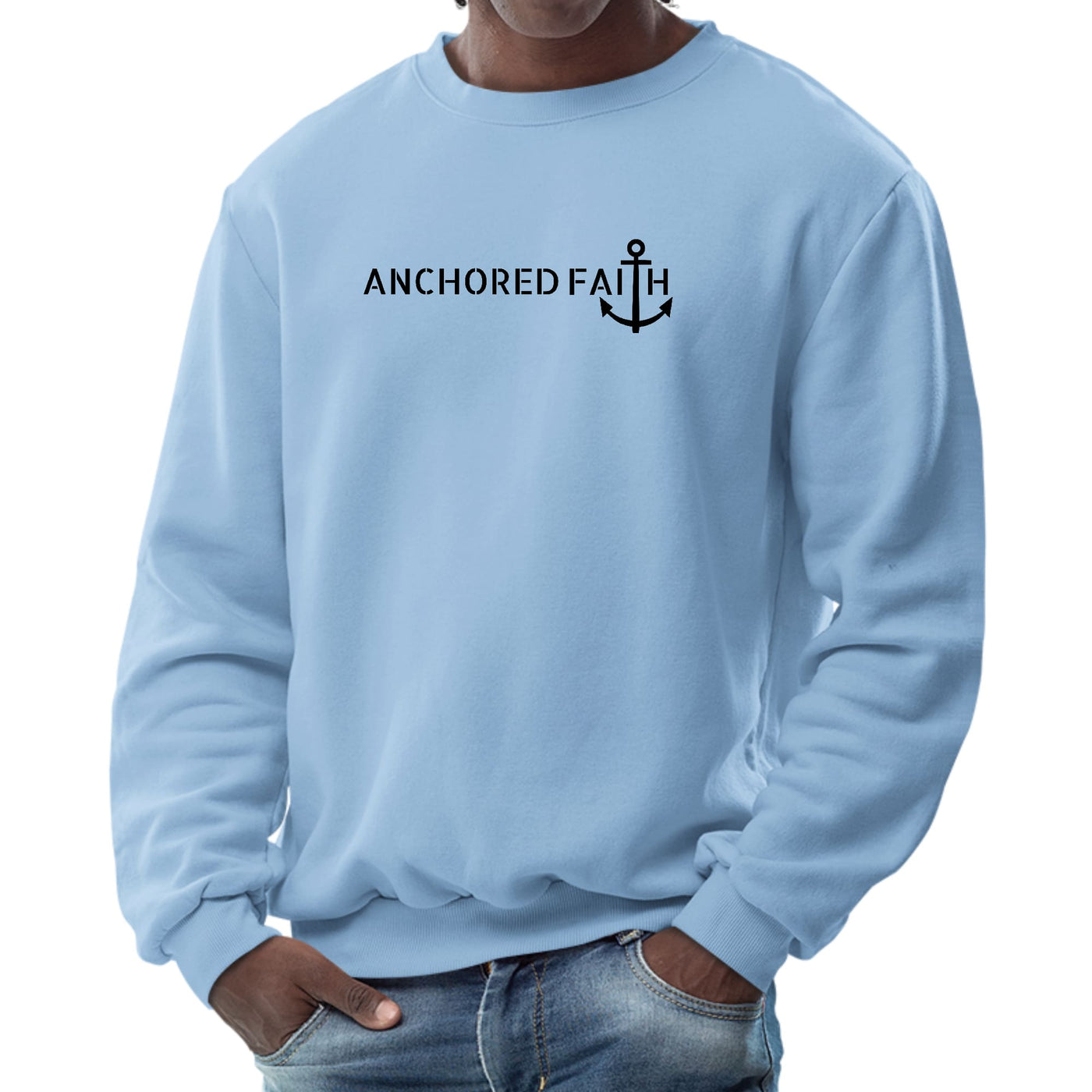 Mens Graphic Sweatshirt Anchored Faith Black Print - Sweatshirts