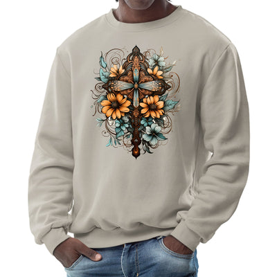 Mens Graphic Sweatshirt Christian Cross Floral Bouquet Brown And Blue - Mens