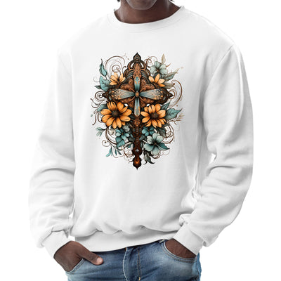 Mens Graphic Sweatshirt Christian Cross Floral Bouquet Brown And Blue - Mens