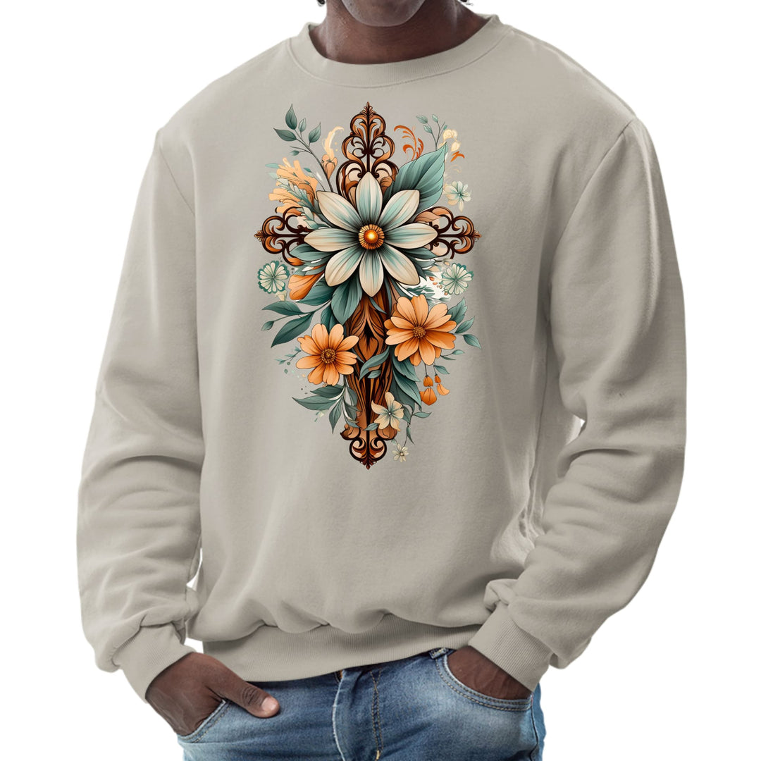 Mens Graphic Sweatshirt Christian Cross Floral Bouquet Green - Mens