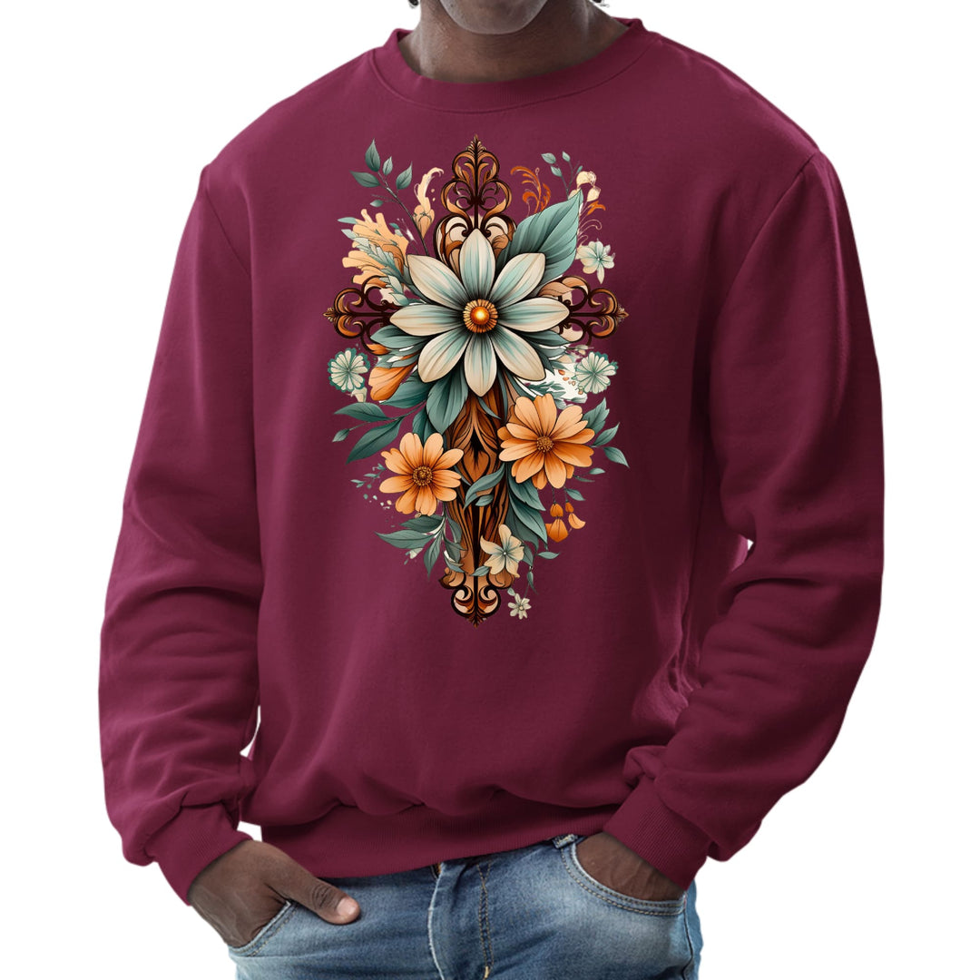 Mens Graphic Sweatshirt Christian Cross Floral Bouquet Green - Mens