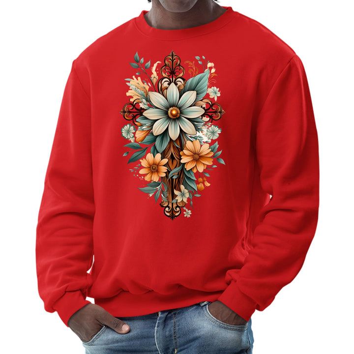 Mens Graphic Sweatshirt Christian Cross Floral Bouquet Green - Mens