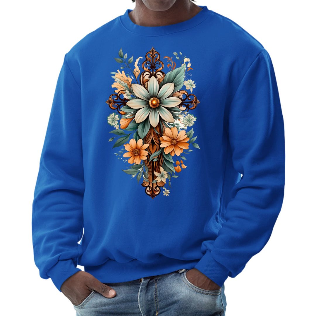 Mens Graphic Sweatshirt Christian Cross Floral Bouquet Green - Mens