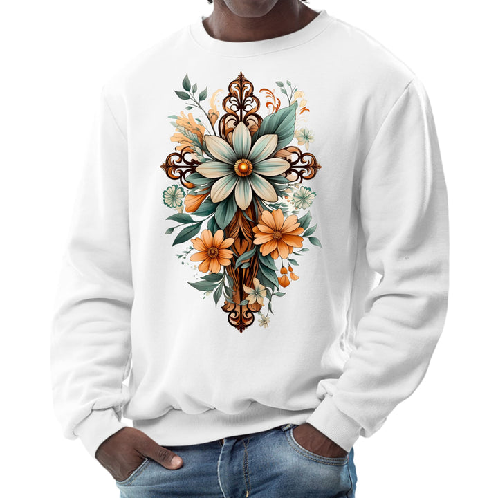 Mens Graphic Sweatshirt Christian Cross Floral Bouquet Green - Mens