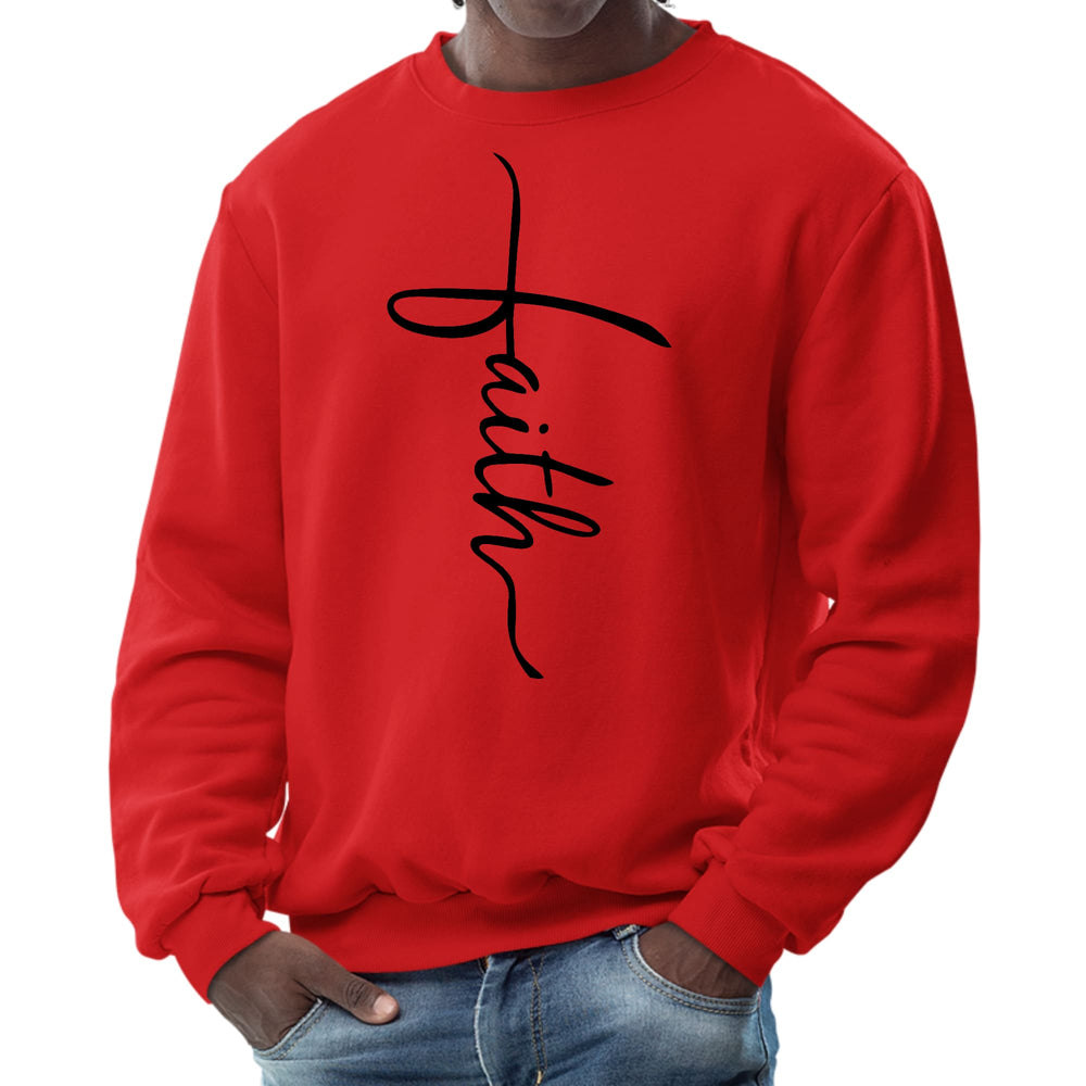 Mens Graphic Sweatshirt Faith Script Cross Black Illustration - Mens