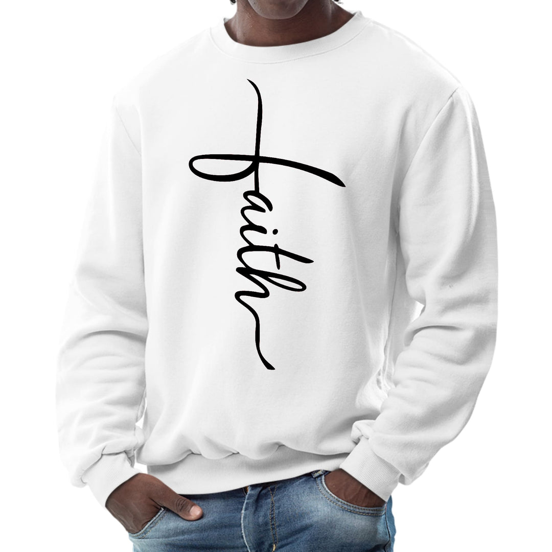 Mens Graphic Sweatshirt Faith Script Cross Black Illustration - Mens