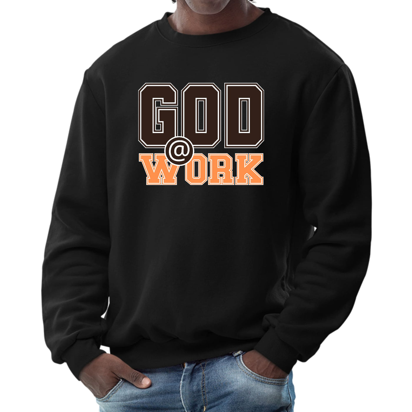 Mens Graphic Sweatshirt God @ Work Brown And Orange Print - Mens | Sweatshirts