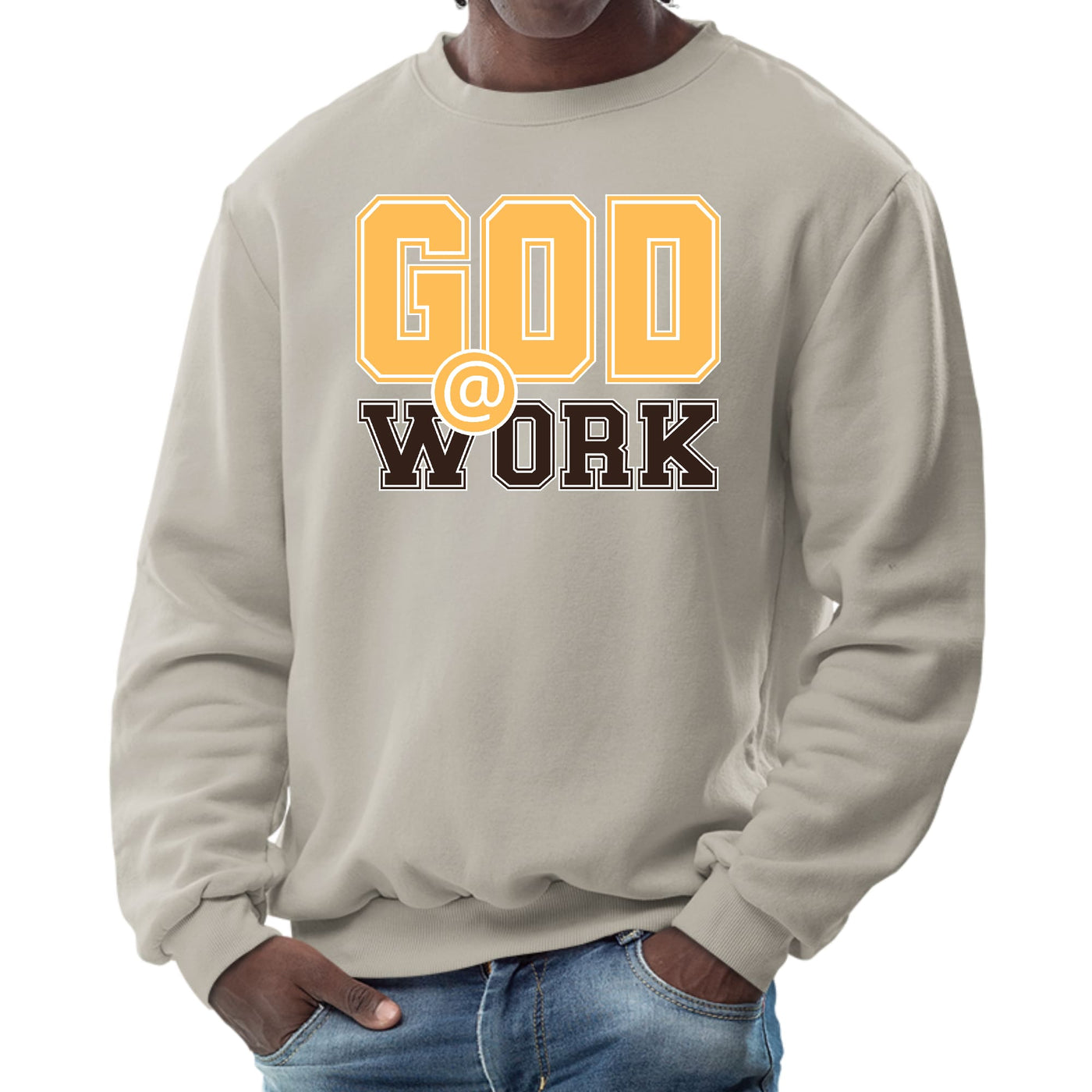 Mens Graphic Sweatshirt God @ Work Golden Yellow And Brown Print - Mens