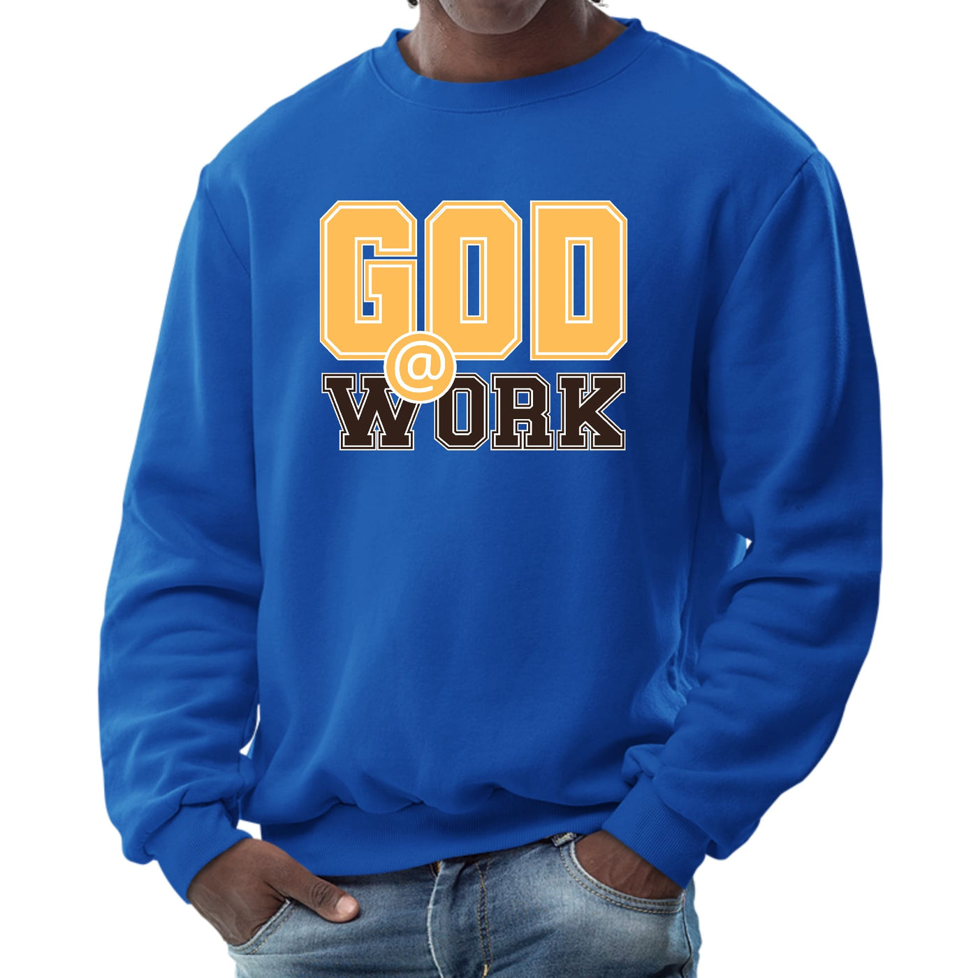 Mens Graphic Sweatshirt God @ Work Golden Yellow And Brown Print - Mens