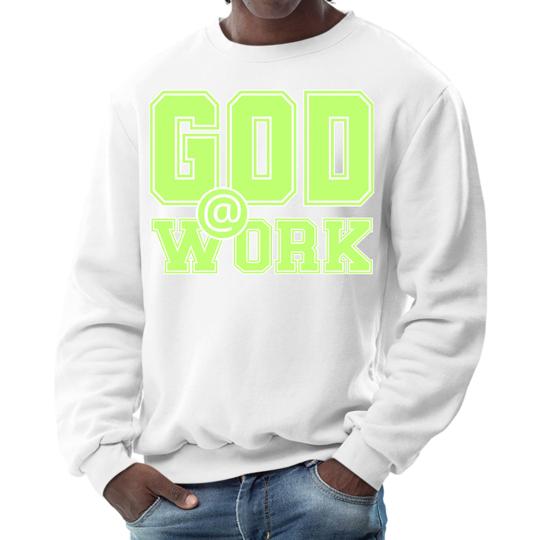 Mens Graphic Sweatshirt God @ Work Neon Green and White Print - Mens