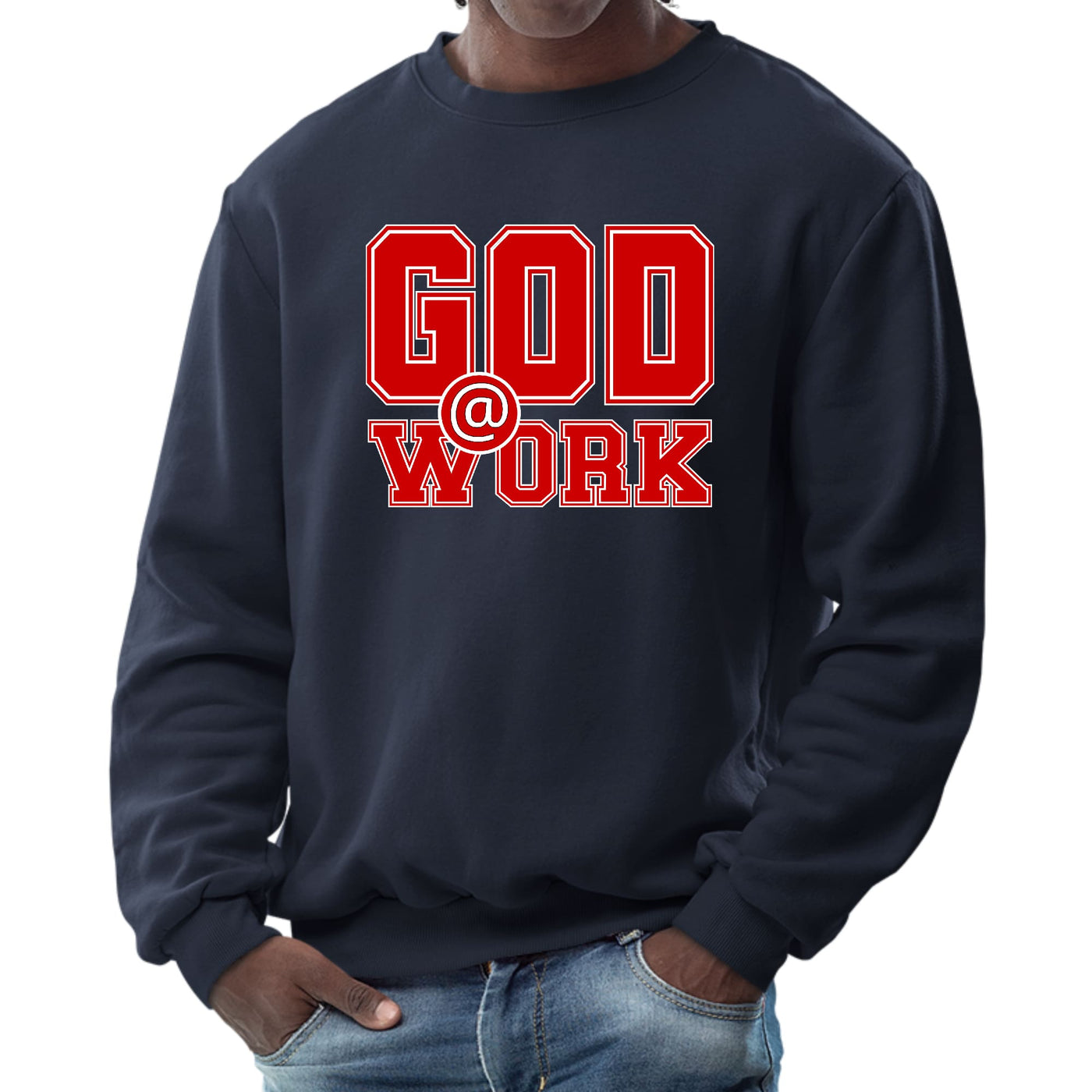 Mens Graphic Sweatshirt God @ Work Red And White Print - Mens | Sweatshirts