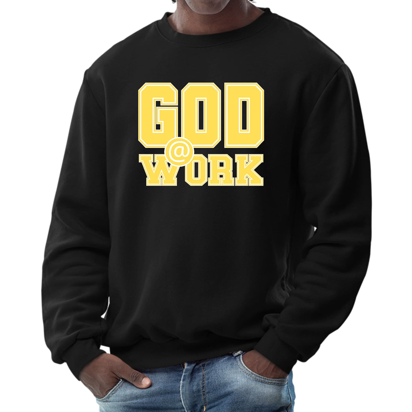 Mens Graphic Sweatshirt God @ Work Yellow And White Print - Mens | Sweatshirts
