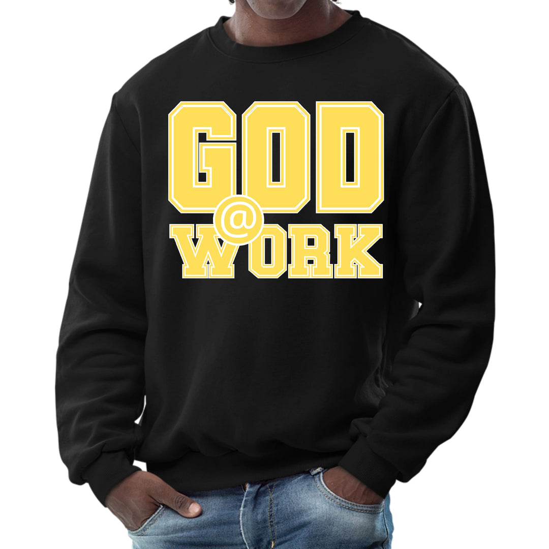 Mens Graphic Sweatshirt God @ Work Yellow and White Print - Mens | Sweatshirts