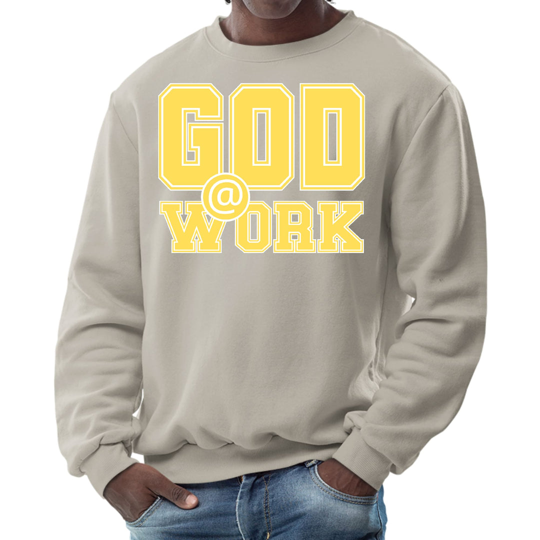 Mens Graphic Sweatshirt God @ Work Yellow and White Print - Mens | Sweatshirts