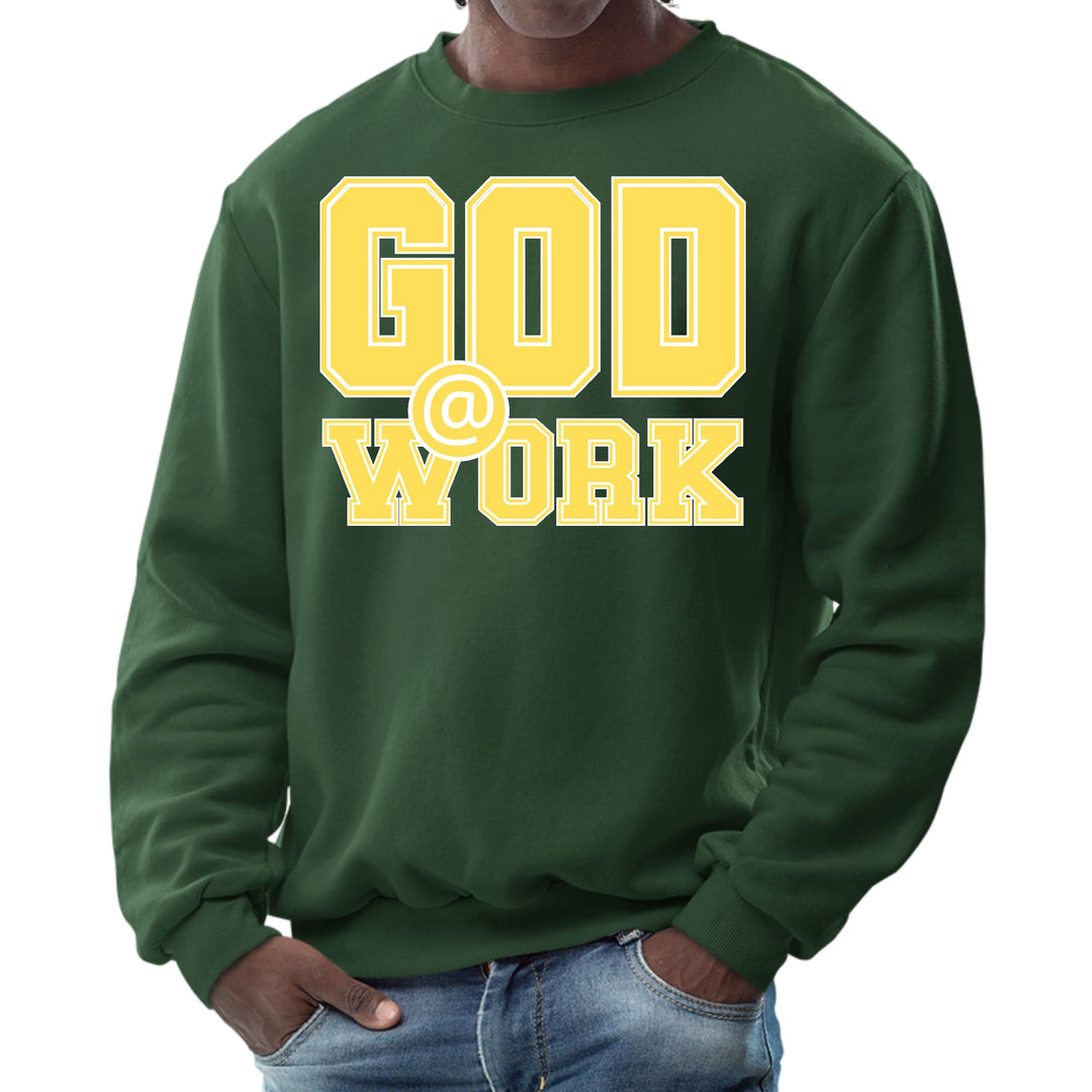 Mens Graphic Sweatshirt God @ Work Yellow and White Print - Mens | Sweatshirts