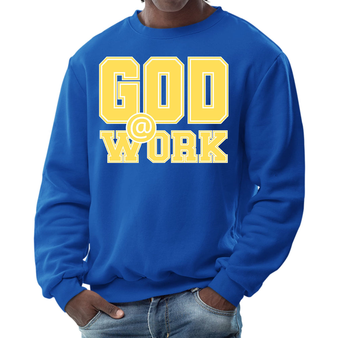 Mens Graphic Sweatshirt God @ Work Yellow and White Print - Mens | Sweatshirts