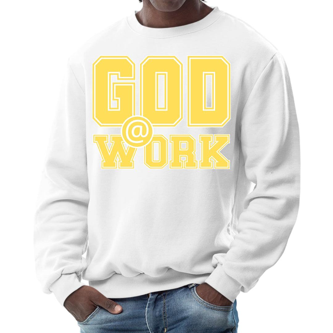 Mens Graphic Sweatshirt God @ Work Yellow and White Print - Mens | Sweatshirts