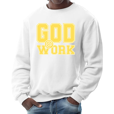 Mens Graphic Sweatshirt God @ Work Yellow And White Print - Mens | Sweatshirts