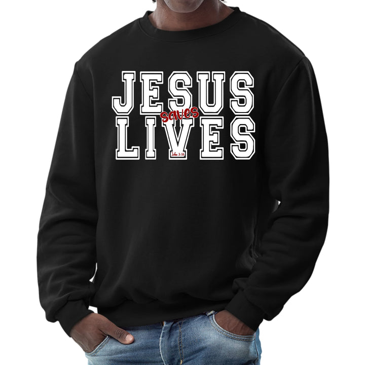 Mens Graphic Sweatshirt - Jesus Saves Lives White Red Illustration - Mens