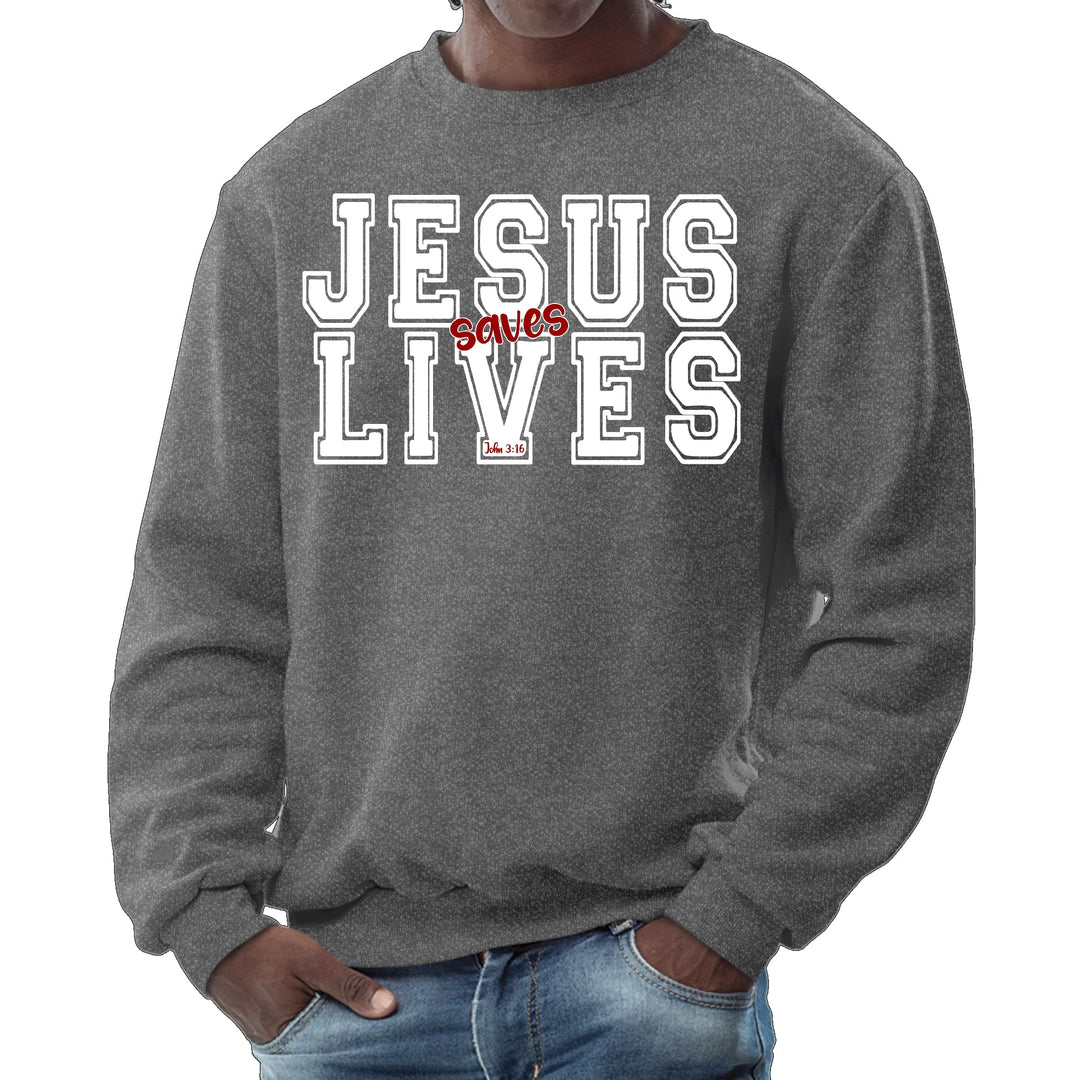 Mens Graphic Sweatshirt - Jesus Saves Lives White Red Illustration - Mens