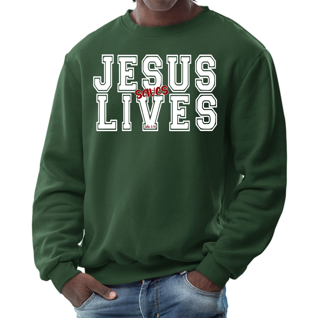 Mens Graphic Sweatshirt - Jesus Saves Lives White Red Illustration - Mens