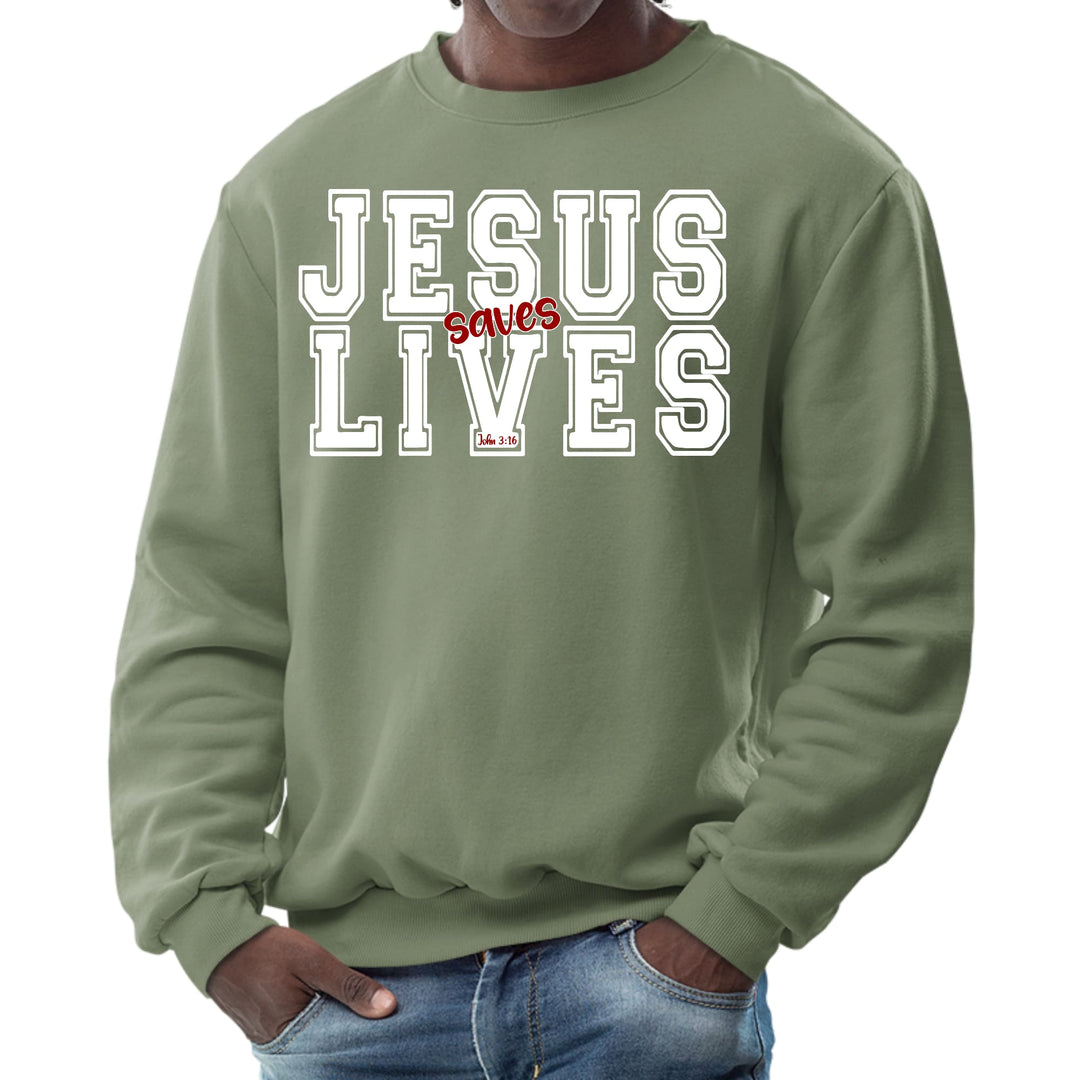 Mens Graphic Sweatshirt - Jesus Saves Lives White Red Illustration - Mens