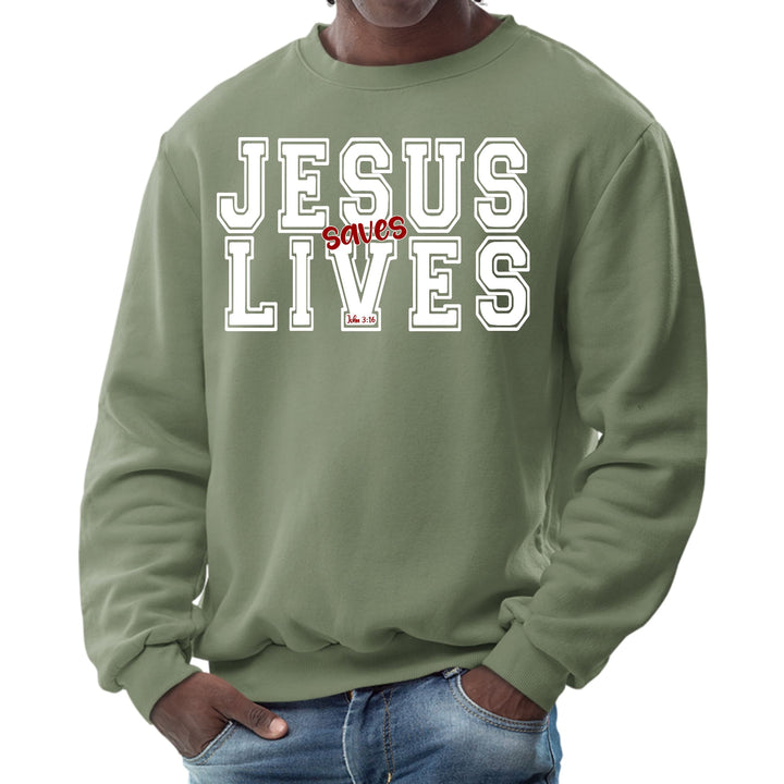 Mens Graphic Sweatshirt - Jesus Saves Lives White Red Illustration - Mens