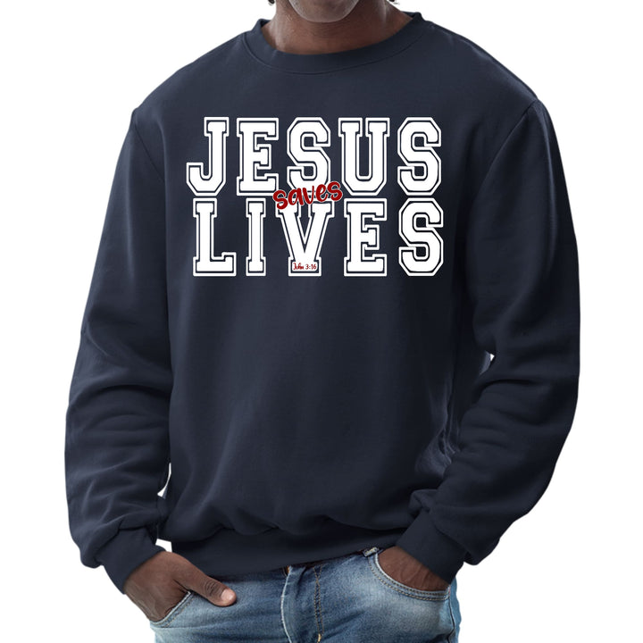 Mens Graphic Sweatshirt - Jesus Saves Lives White Red Illustration - Mens