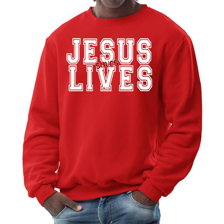 Mens Graphic Sweatshirt - Jesus Saves Lives White Red Illustration - Mens