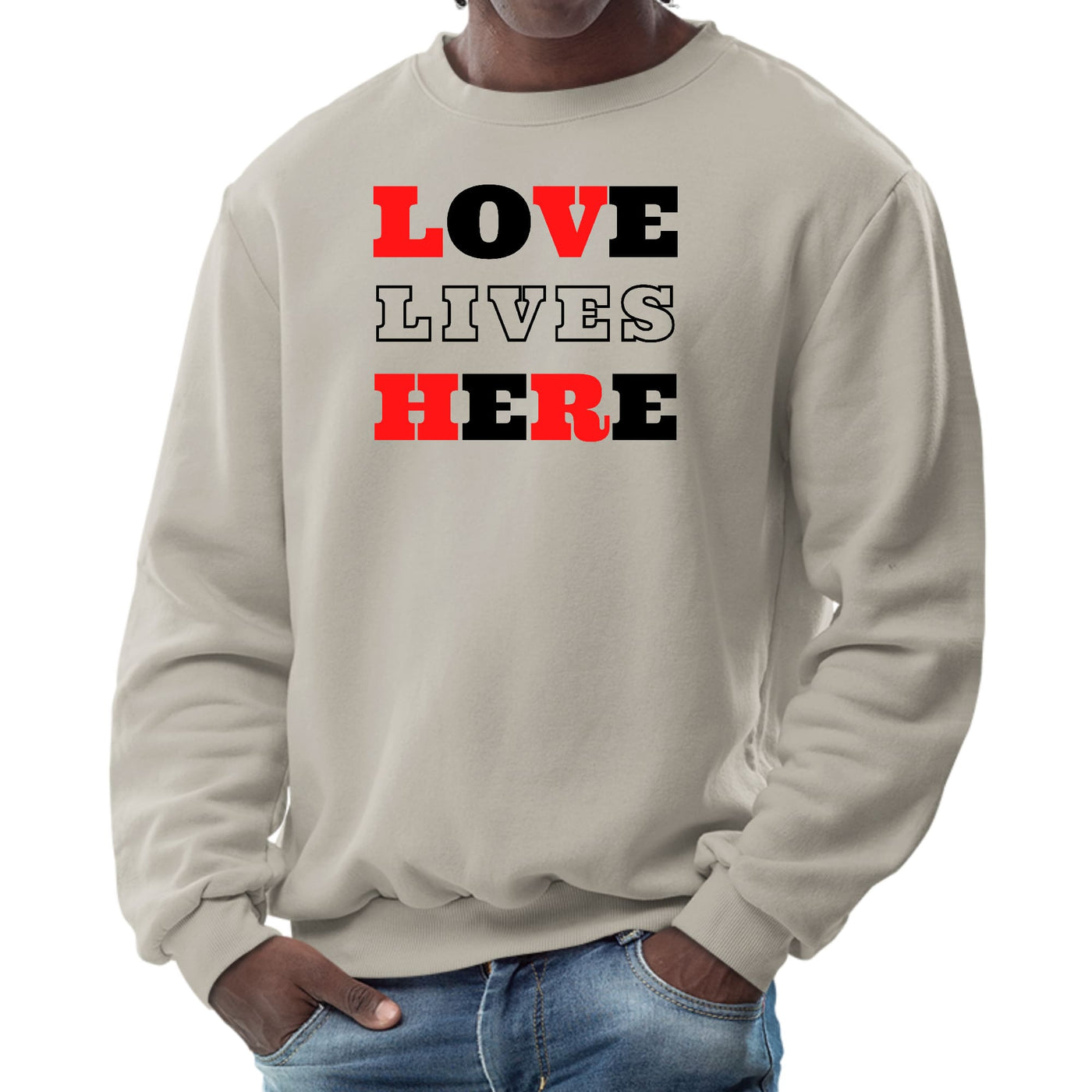 Mens Graphic Sweatshirt Love Lives Here Christian Red Black - Sweatshirts