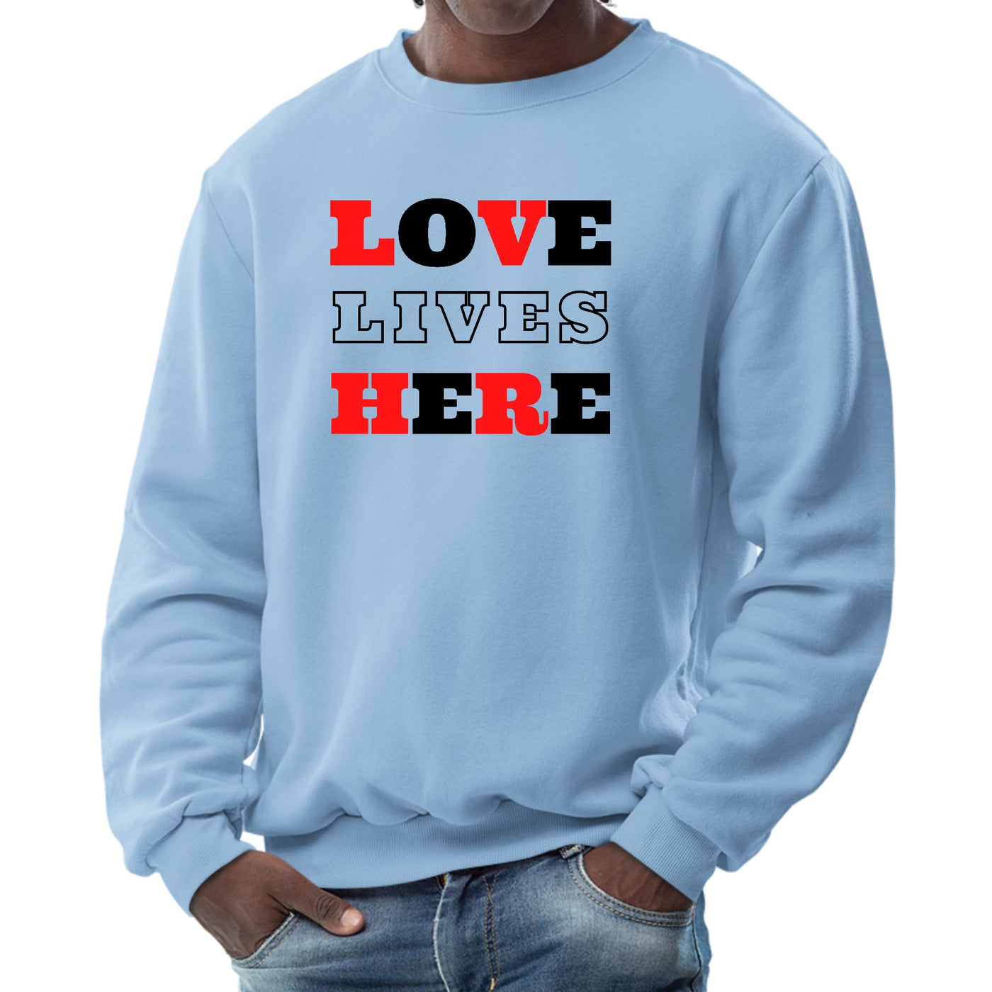 Mens Graphic Sweatshirt Love Lives Here Christian Red Black - Sweatshirts