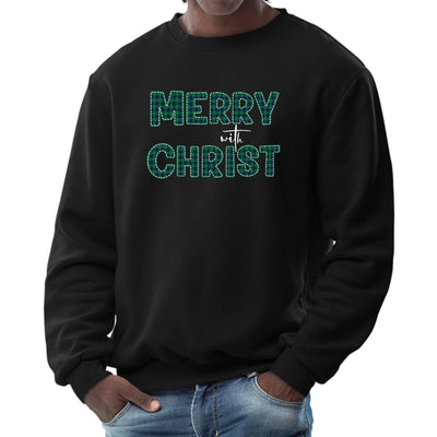 Mens Graphic Sweatshirt Merry With Christ Green Plaid Christmas - Mens