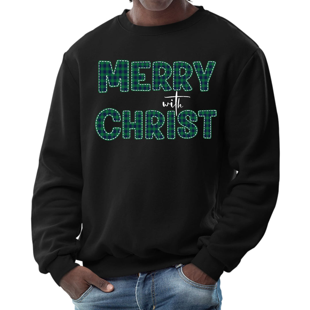 Mens Graphic Sweatshirt Merry with Christ Green Plaid Christmas - Mens