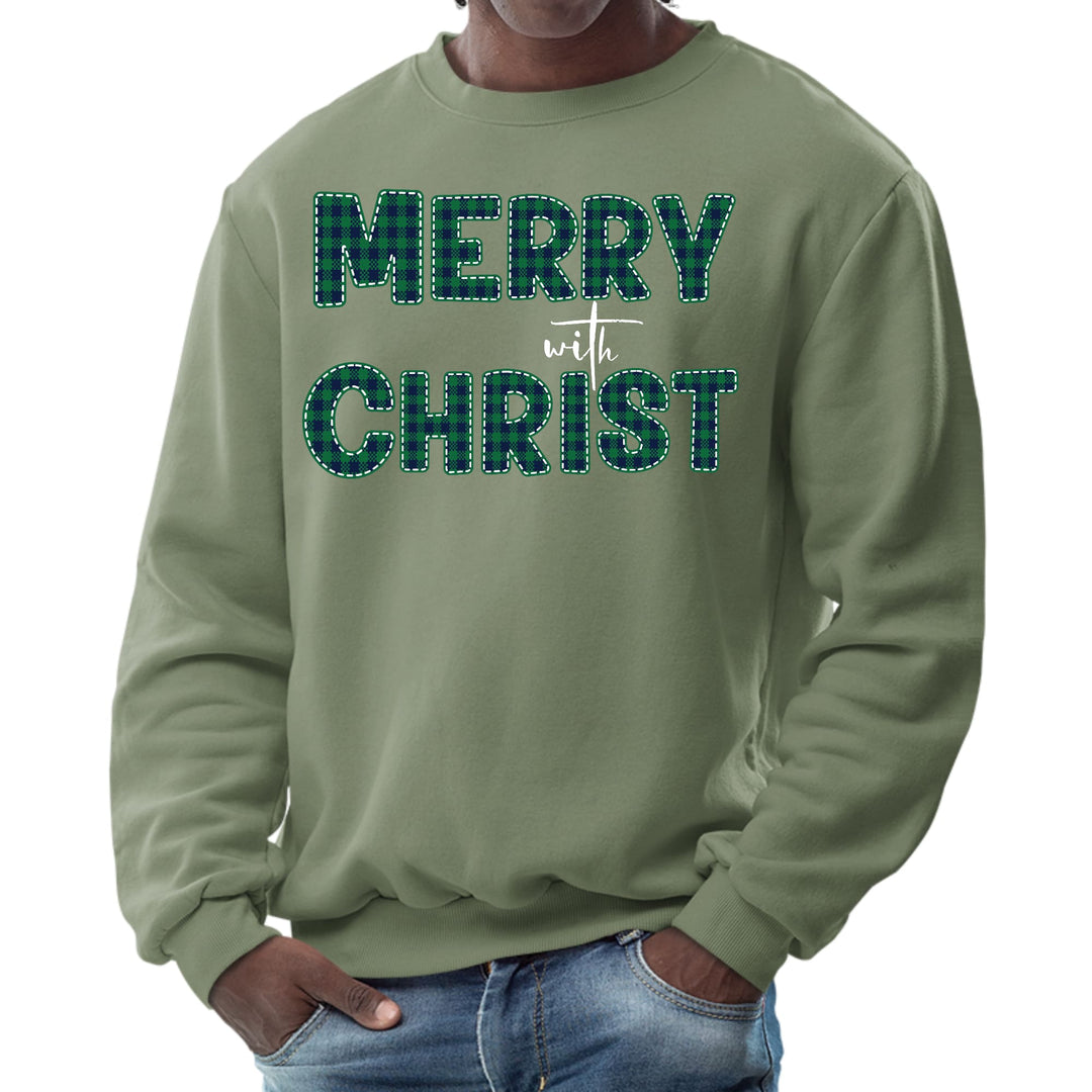 Mens Graphic Sweatshirt - Merry with Christ - Green Plaid Christmas - Mens