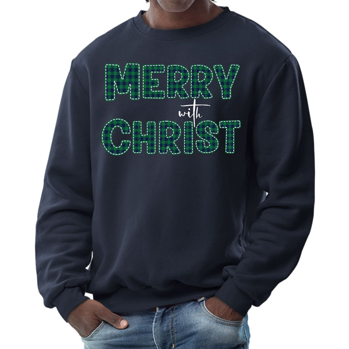 Mens Graphic Sweatshirt - Merry with Christ - Green Plaid Christmas - Mens