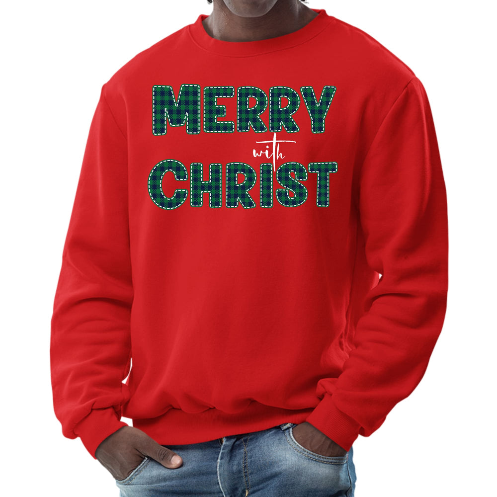 Mens Graphic Sweatshirt Merry with Christ Green Plaid Christmas - Mens