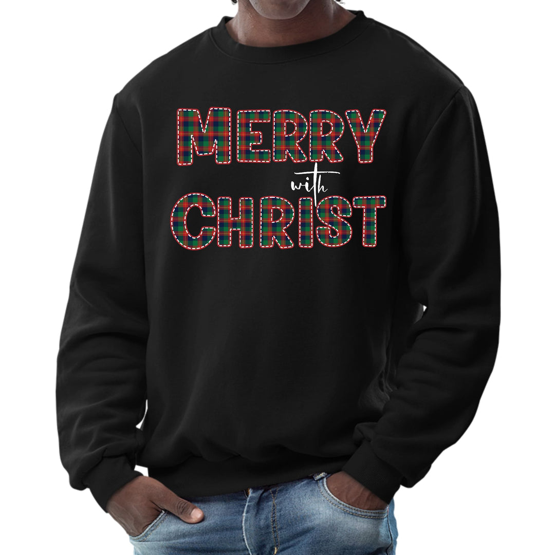 Mens Graphic Sweatshirt Merry with Christ Red and Green Plaid - Mens