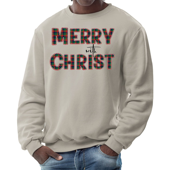 Mens Graphic Sweatshirt Merry with Christ Red and Green Plaid - Mens