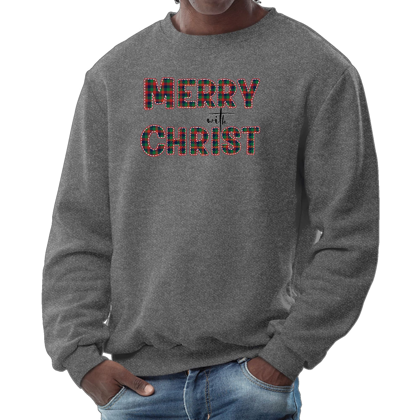 Mens Graphic Sweatshirt Merry With Christ Red And Green Plaid - Sweatshirts