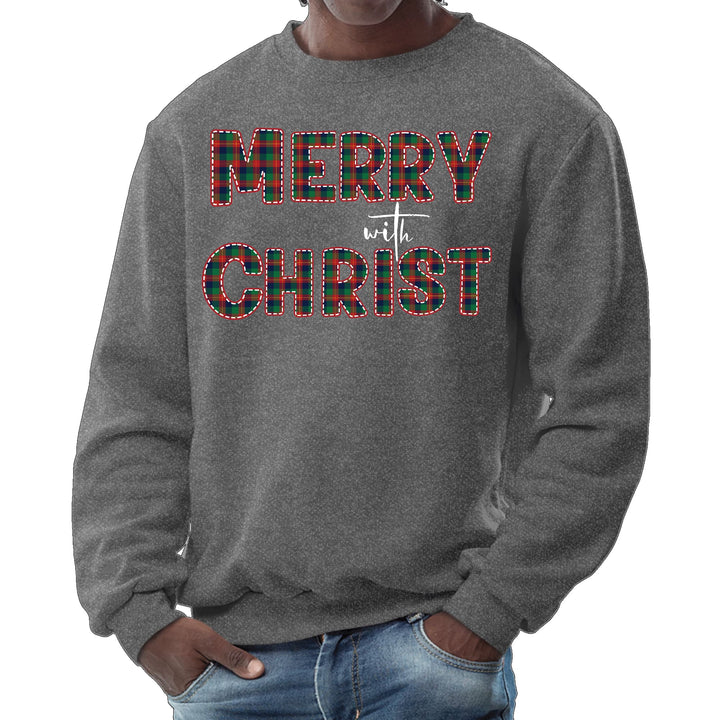 Mens Graphic Sweatshirt Merry with Christ Red and Green Plaid - Mens